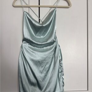 Fashion Nova Backless Satin Dress in Light Blue